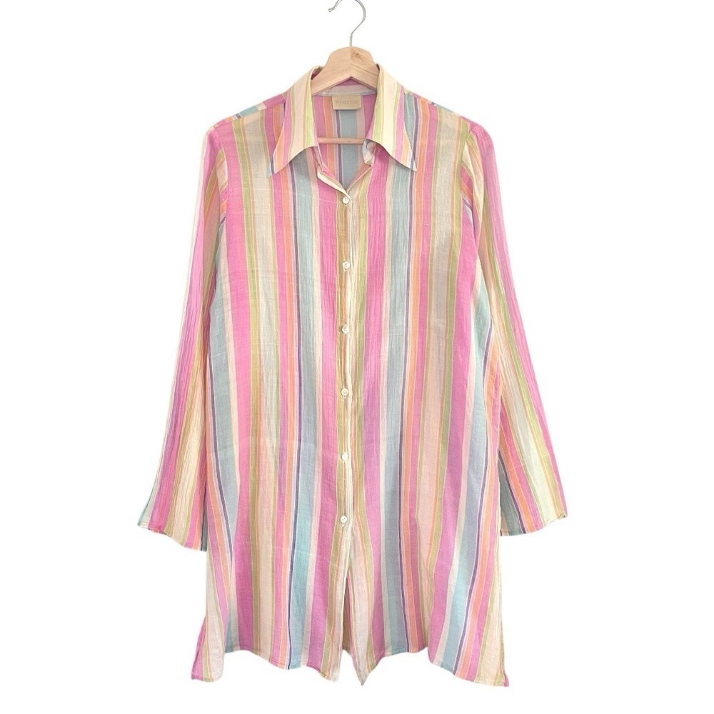 Fisico Long Sleeve Tunic Shirt Cotton Gauze Colorful Stripe Button Up Large